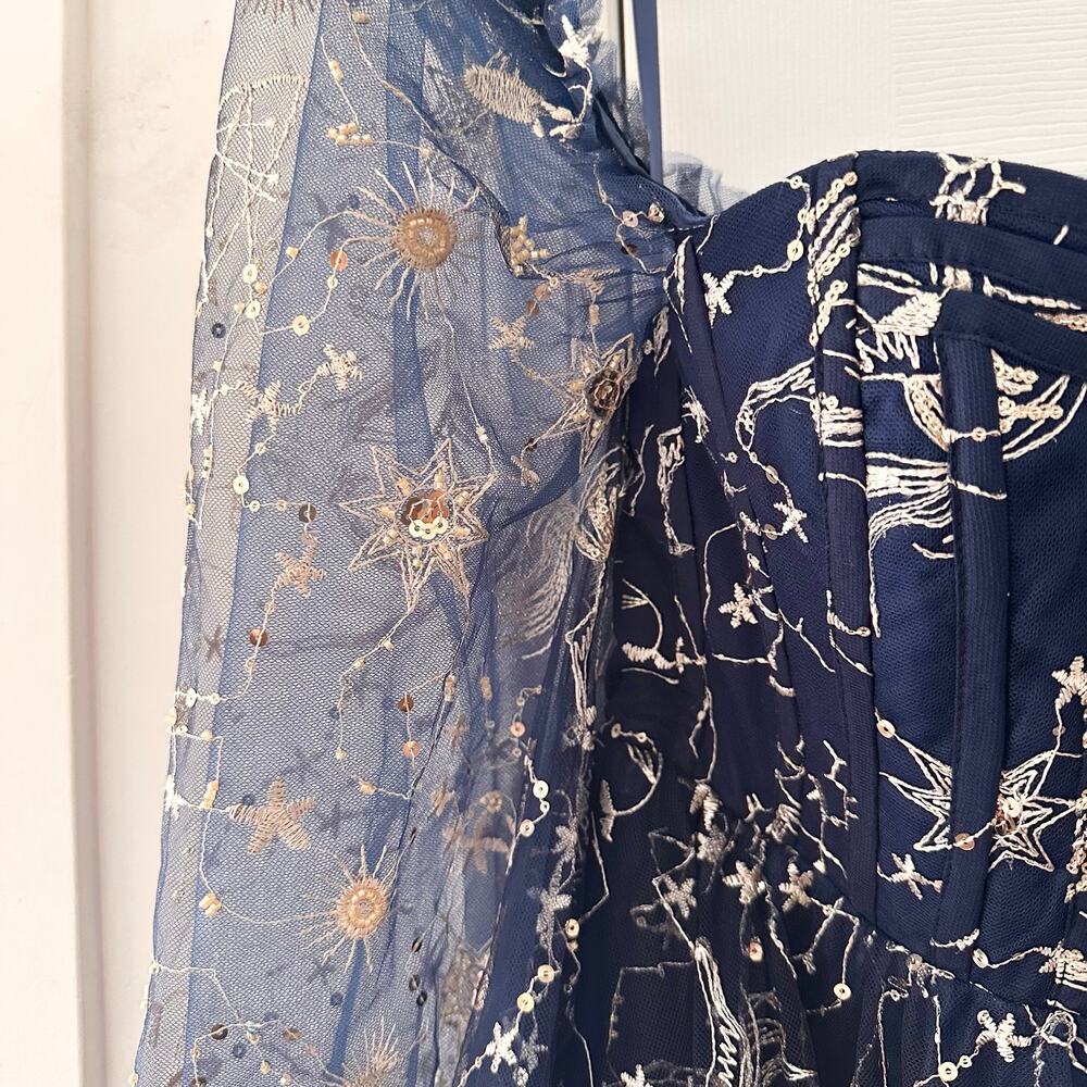 Jessakae Stella Orion Blue Gold Celestial Star Constellation Midi Dress 2 - Picture 4 of 13